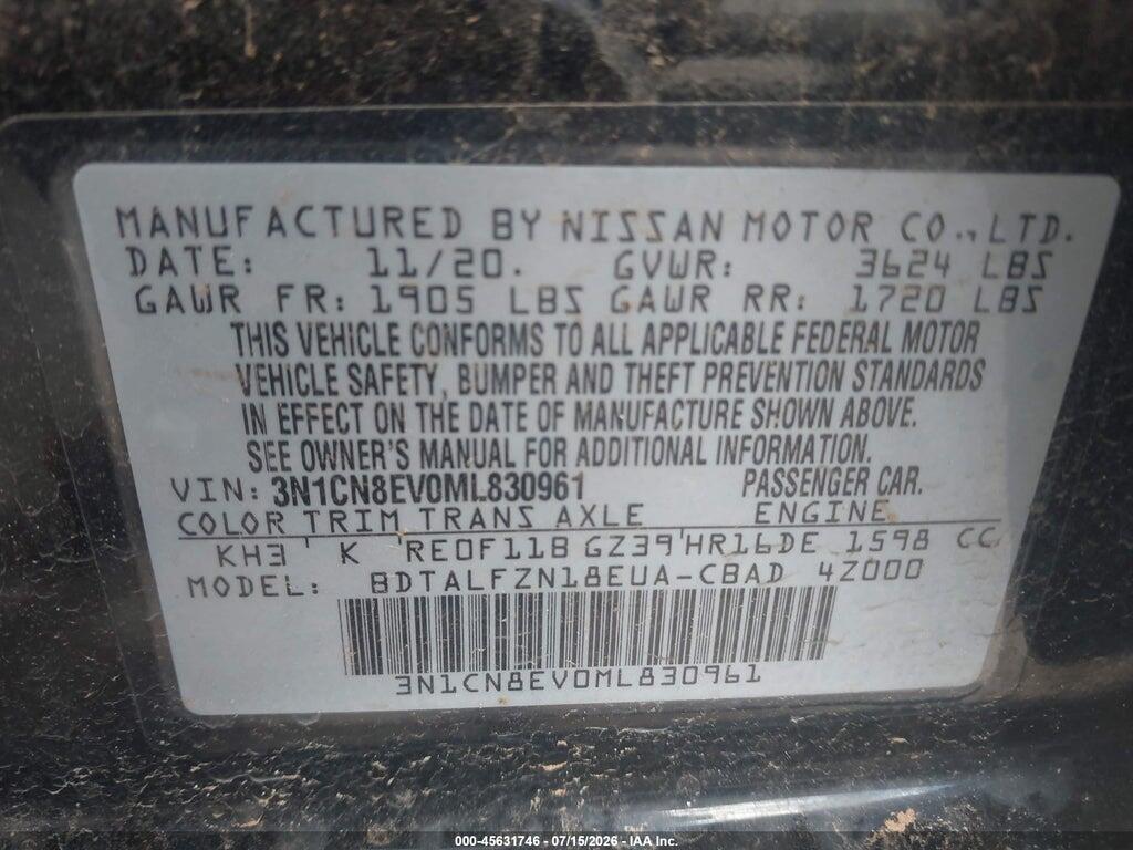 3N1CN8EV0ML830961 2021 NISSAN VERSA photo no. 9