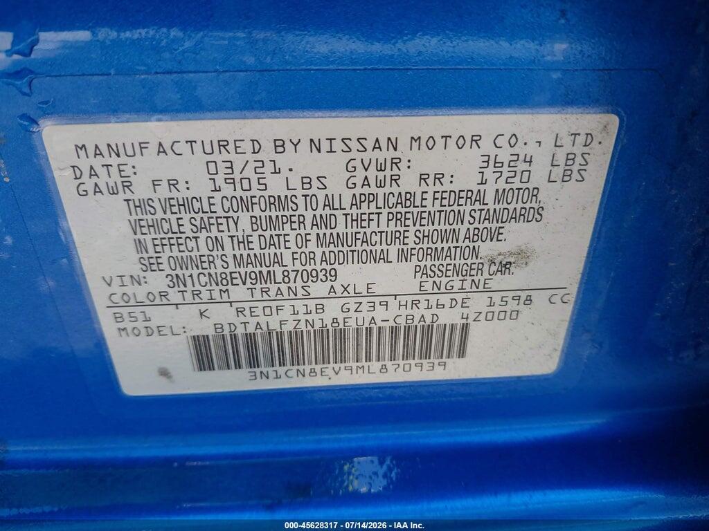 3N1CN8EV9ML870939 2021 NISSAN VERSA photo no. 9
