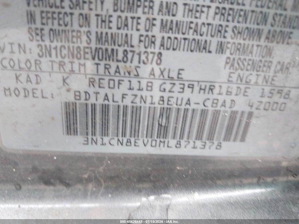 3N1CN8EV0ML871378 2021 NISSAN VERSA photo no. 9