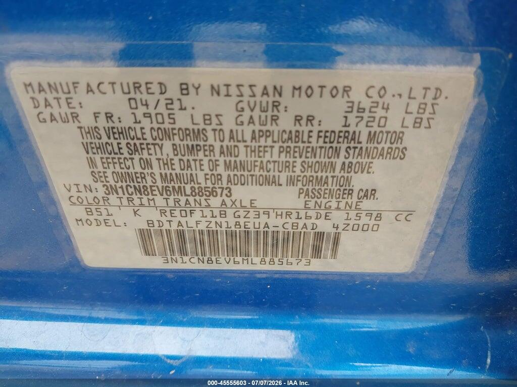 3N1CN8EV6ML885673 2021 NISSAN VERSA photo no. 9
