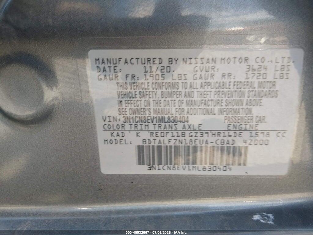 3N1CN8EV1ML830404 2021 NISSAN VERSA photo no. 9