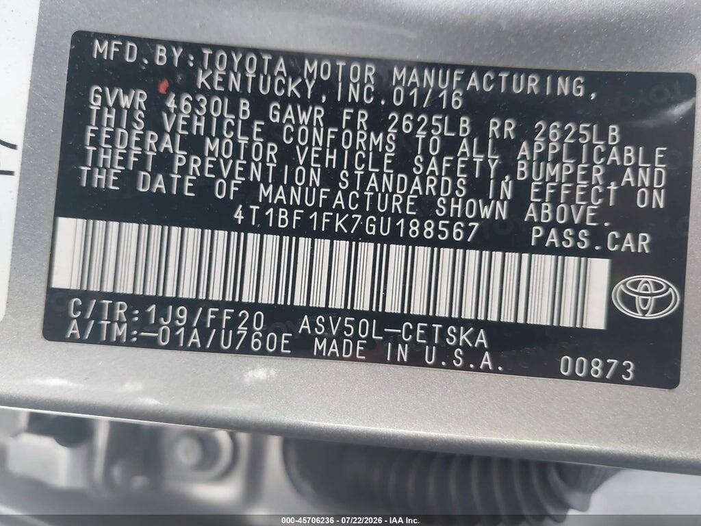 4T1BF1FK7GU188567 2016 TOYOTA CAMRY photo no. 9