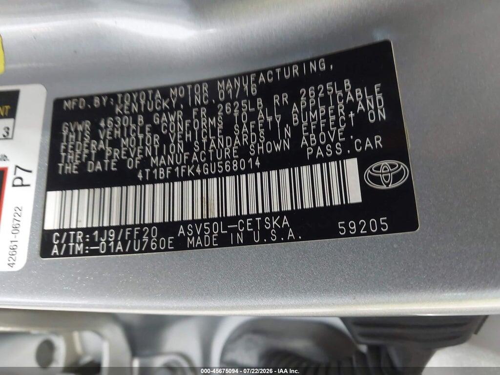 4T1BF1FK4GU568014 2016 TOYOTA CAMRY photo no. 9