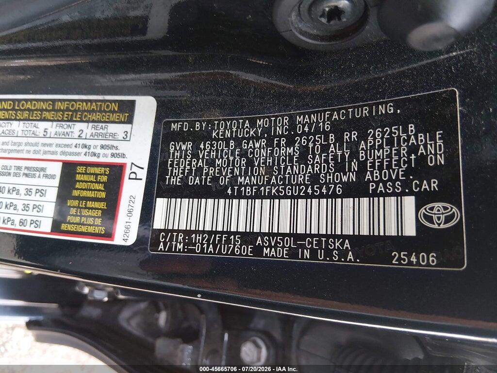 4T1BF1FK5GU245476 2016 TOYOTA CAMRY photo no. 9