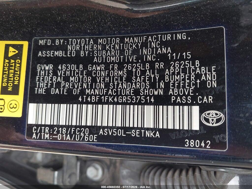 4T4BF1FK4GR537514 2016 TOYOTA CAMRY photo no. 9