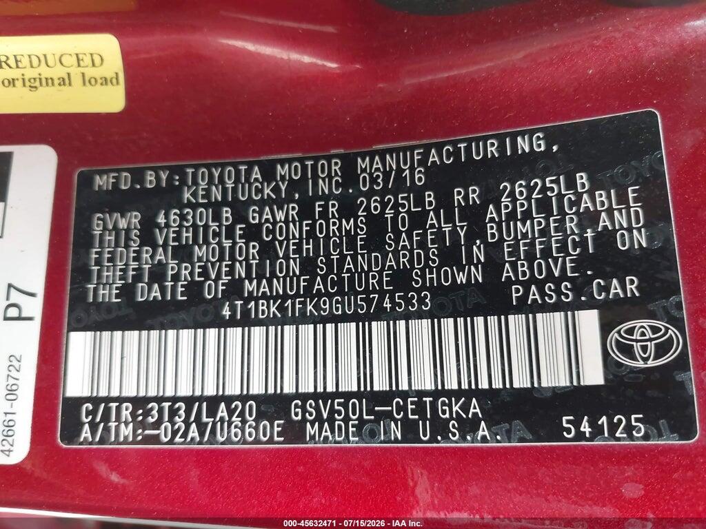 4T1BK1FK9GU574533 2016 TOYOTA CAMRY photo no. 9
