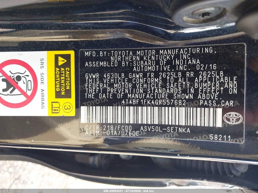 4T4BF1FK4GR557682 2016 TOYOTA CAMRY photo no. 9
