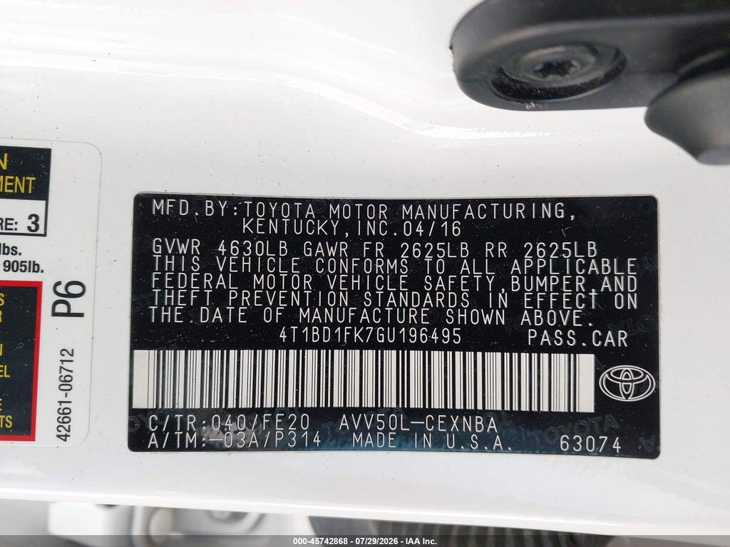 4T1BD1FK7GU196495 2016 TOYOTA CAMRY HYBRID photo no. 9