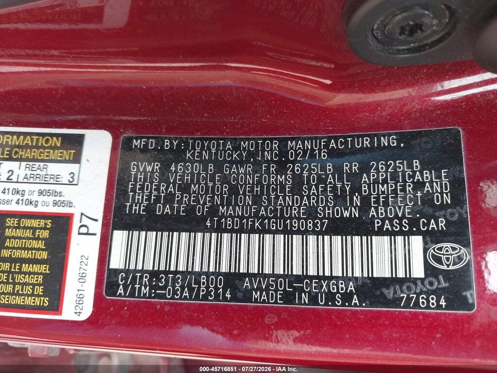 4T1BD1FK1GU190837 2016 TOYOTA CAMRY HYBRID photo no. 9