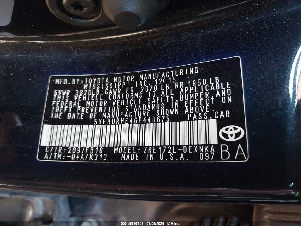 5YFBURHE4GP440675 2016 TOYOTA COROLLA photo no. 9