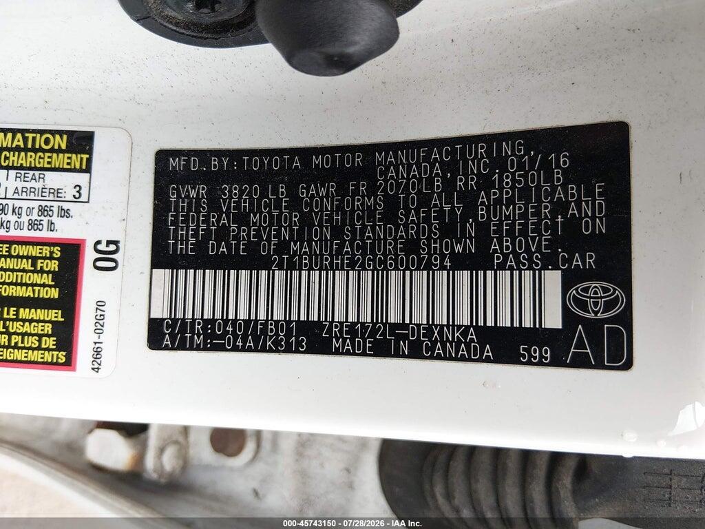 2T1BURHE2GC600794 2016 TOYOTA COROLLA photo no. 9