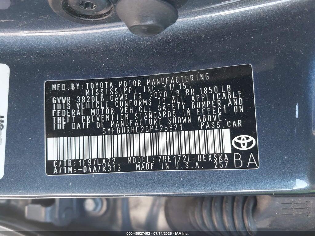 5YFBURHE2GP425821 2016 TOYOTA COROLLA photo no. 9
