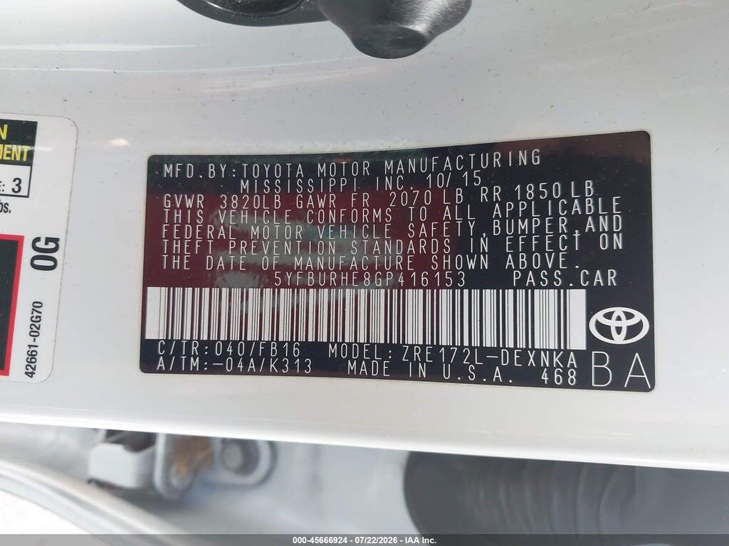 5YFBURHE8GP416153 2016 TOYOTA COROLLA photo no. 9