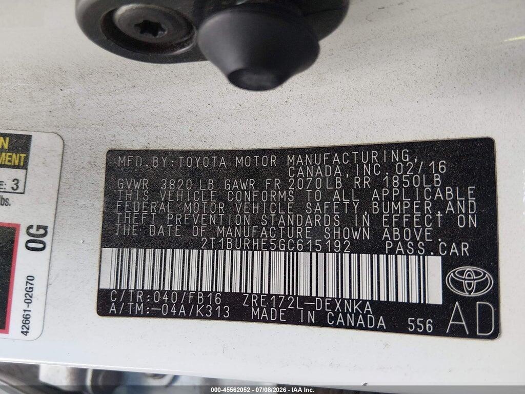 2T1BURHE5GC615192 2016 TOYOTA COROLLA photo no. 9