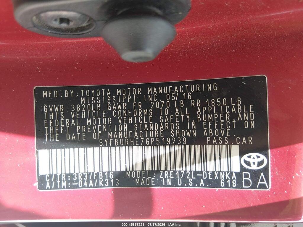 5YFBURHE7GP519239 2016 TOYOTA COROLLA photo no. 9