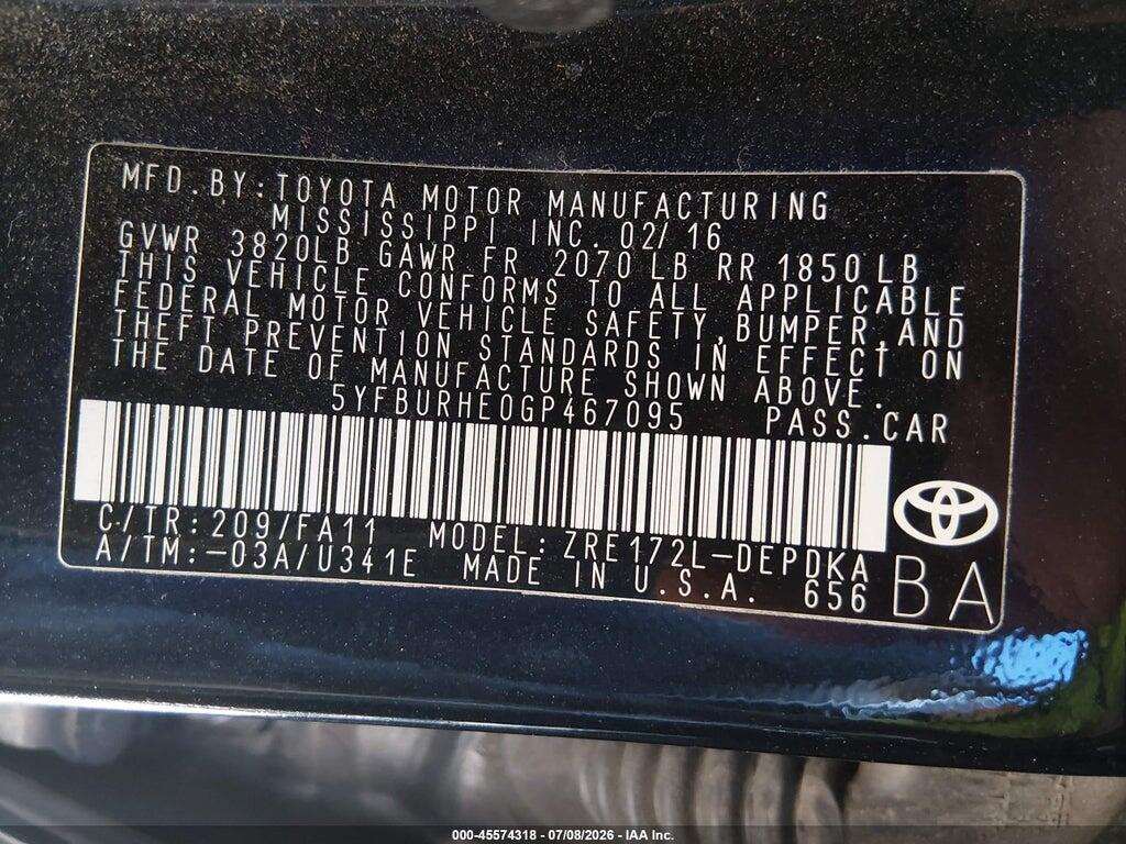 5YFBURHE0GP467095 2016 TOYOTA COROLLA photo no. 9