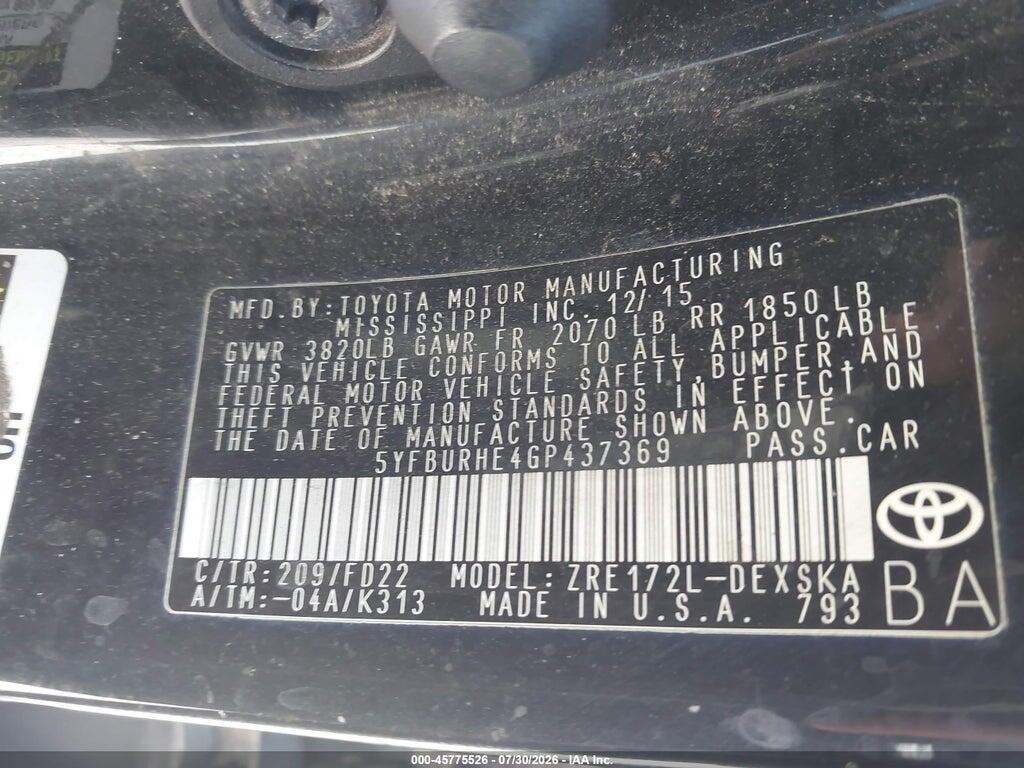 5YFBURHE4GP437369 2016 TOYOTA COROLLA photo no. 9