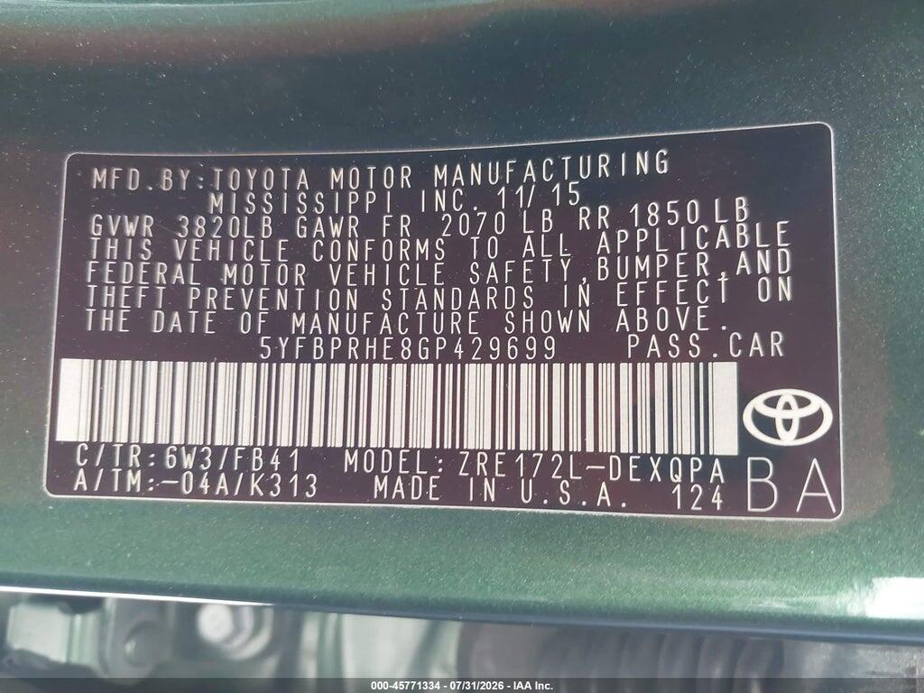 5YFBPRHE8GP429699 2016 TOYOTA COROLLA photo no. 9