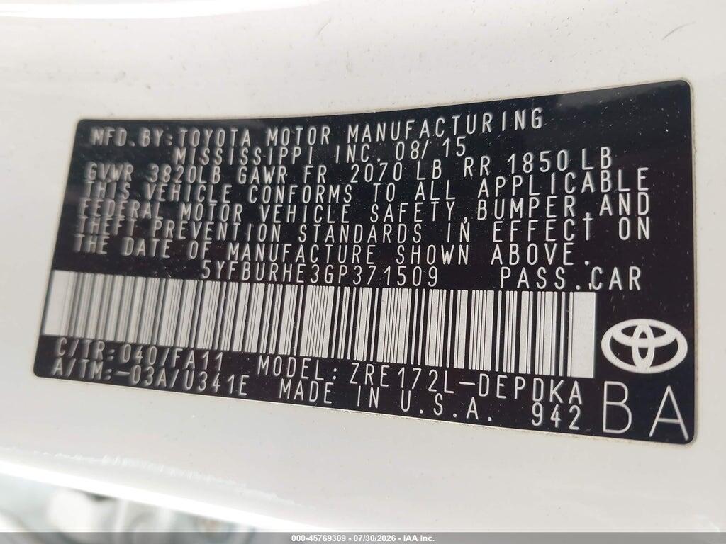 5YFBURHE3GP371509 2016 TOYOTA COROLLA photo no. 9