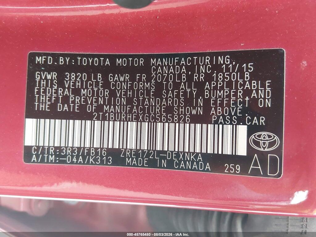2T1BURHEXGC565826 2016 TOYOTA COROLLA photo no. 9