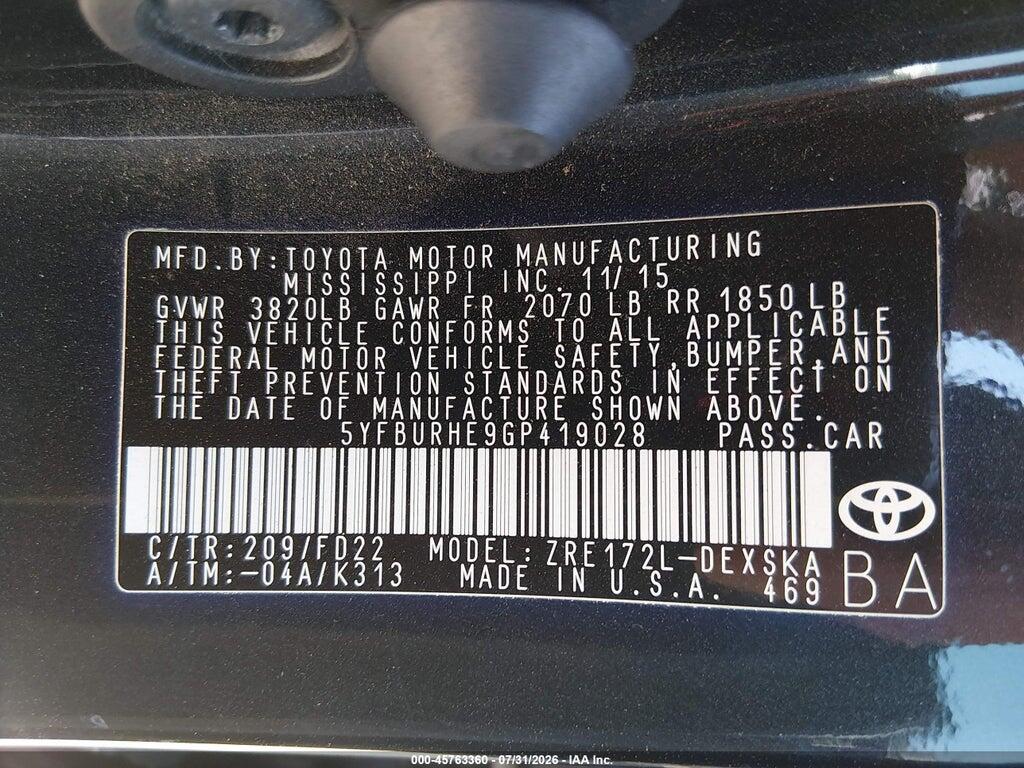 5YFBURHE9GP419028 2016 TOYOTA COROLLA photo no. 9