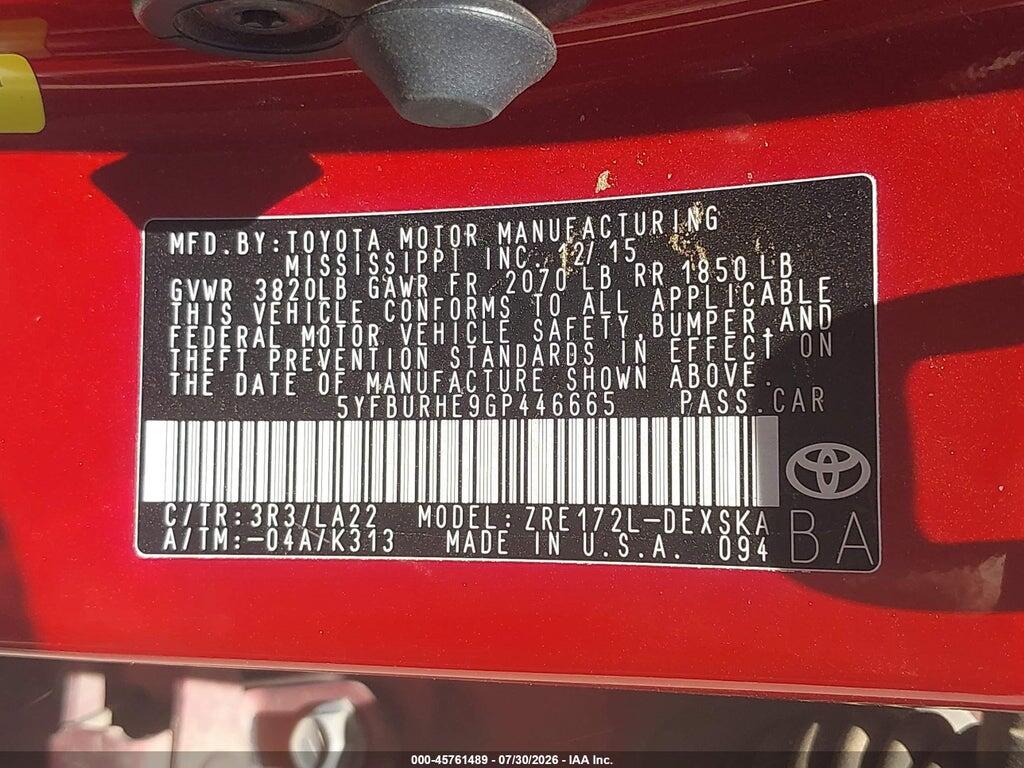 5YFBURHE9GP446665 2016 TOYOTA COROLLA photo no. 9