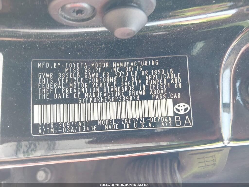 5YFBURHE5GP389879 2016 TOYOTA COROLLA photo no. 9