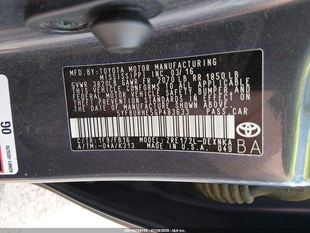 5YFBURHE5GP483633 2016 TOYOTA COROLLA photo no. 9