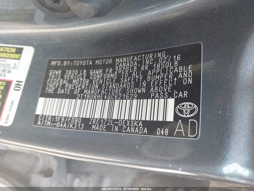 2T1BURHE4GC621629 2016 TOYOTA COROLLA photo no. 9