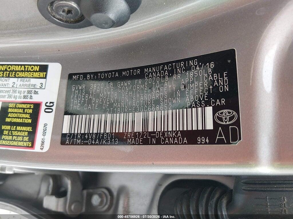 2T1BURHE3GC668652 2016 TOYOTA COROLLA photo no. 9