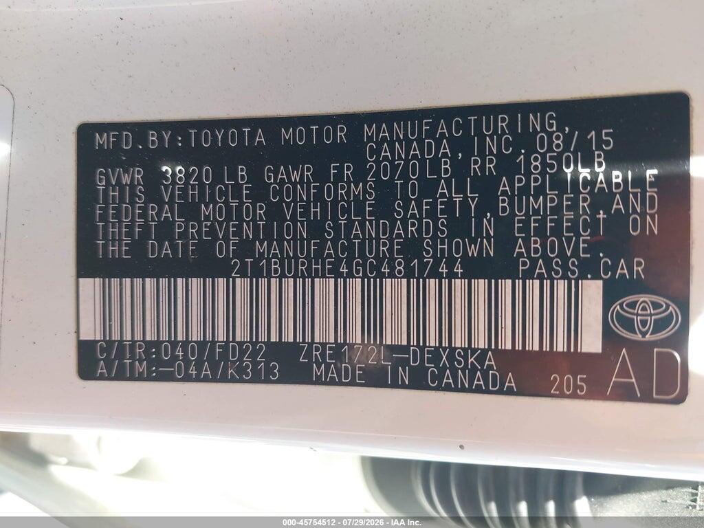 2T1BURHE4GC481744 2016 TOYOTA COROLLA photo no. 9
