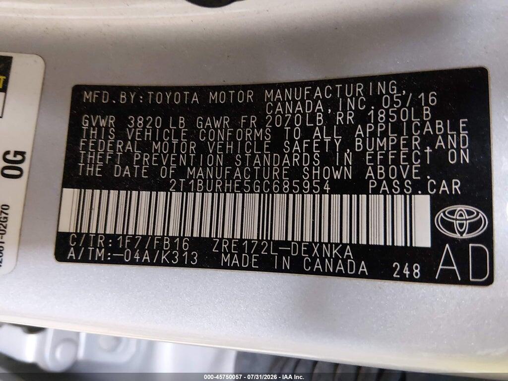 2T1BURHE5GC685954 2016 TOYOTA COROLLA photo no. 9