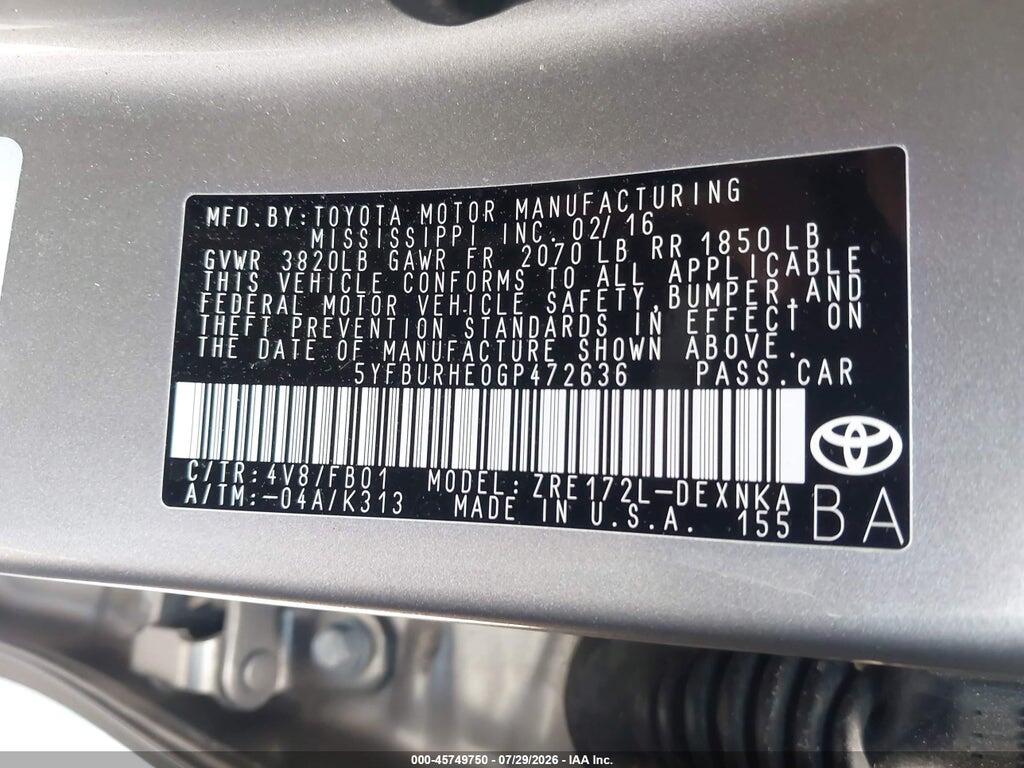 5YFBURHE0GP472636 2016 TOYOTA COROLLA photo no. 9