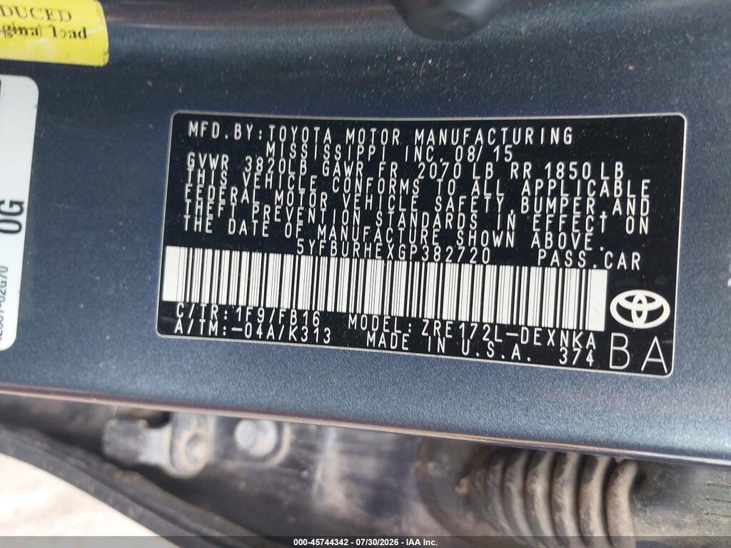 5YFBURHEXGP382720 2016 TOYOTA COROLLA photo no. 9