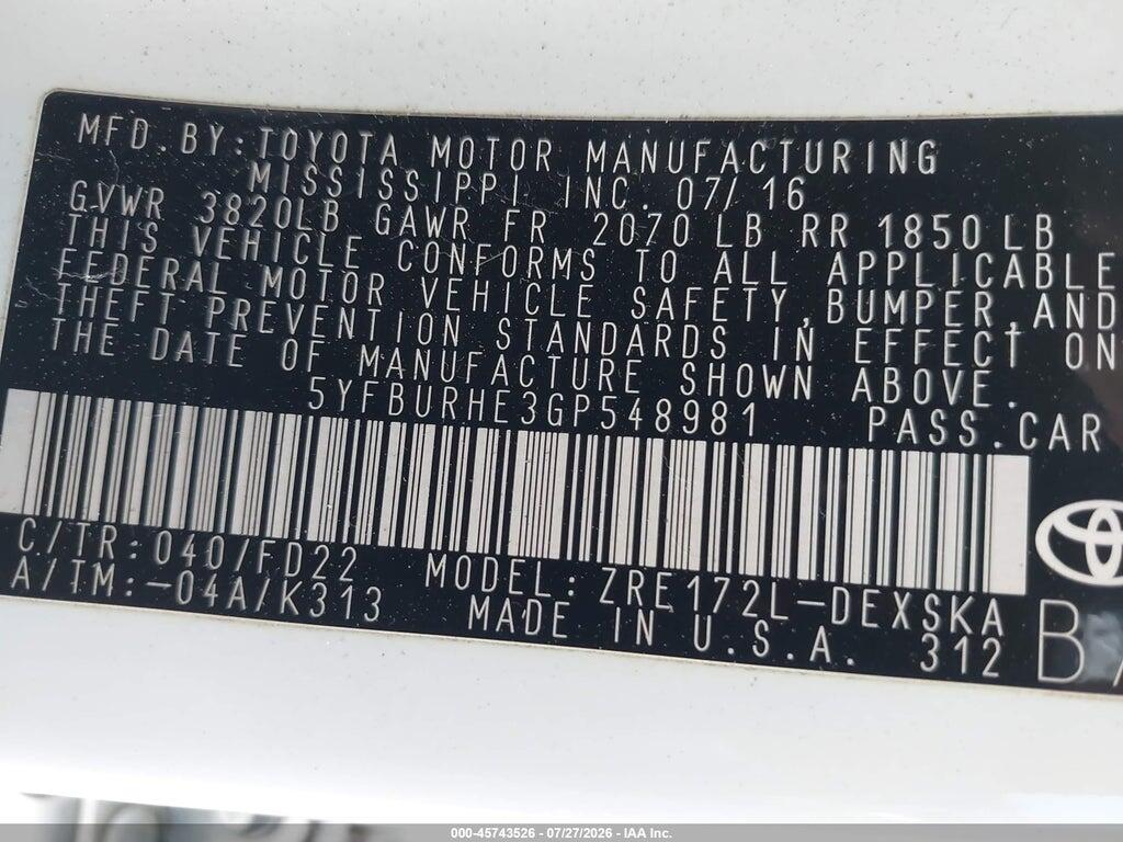 5YFBURHE3GP548981 2016 TOYOTA COROLLA photo no. 9