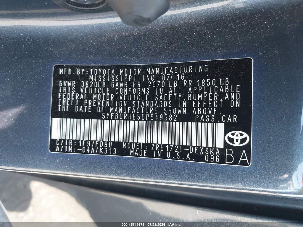 5YFBURHE5GP549582 2016 TOYOTA COROLLA photo no. 9