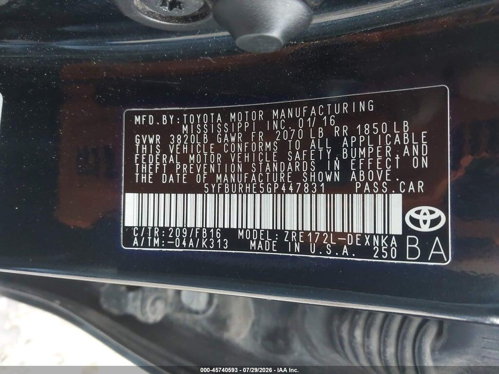 5YFBURHE5GP447831 2016 TOYOTA COROLLA photo no. 9