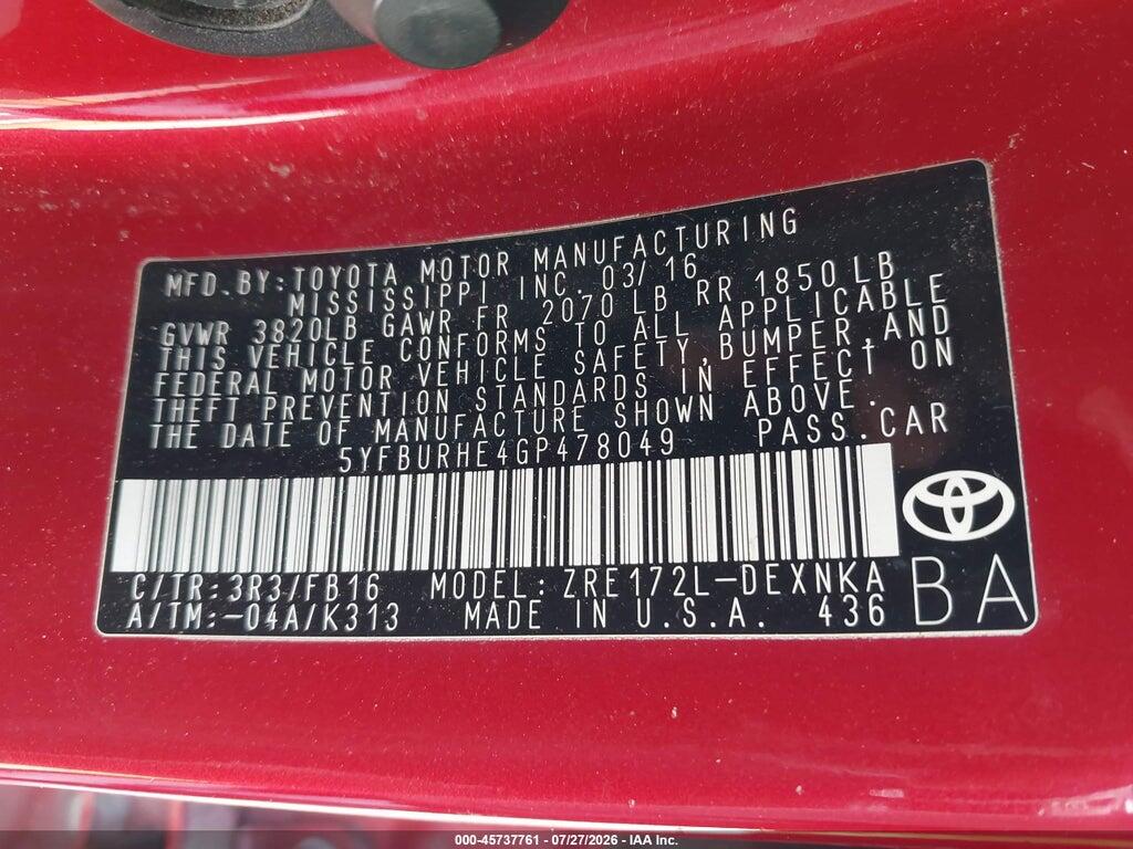 5YFBURHE4GP478049 2016 TOYOTA COROLLA photo no. 9