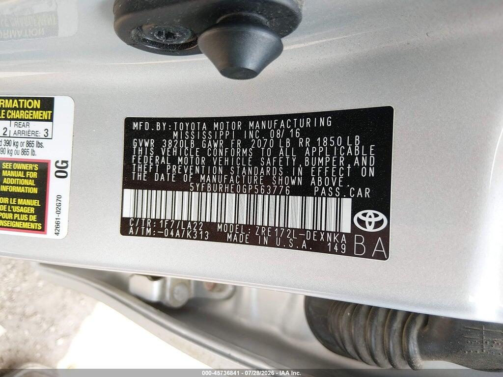 5YFBURHE0GP563776 2016 TOYOTA COROLLA photo no. 9