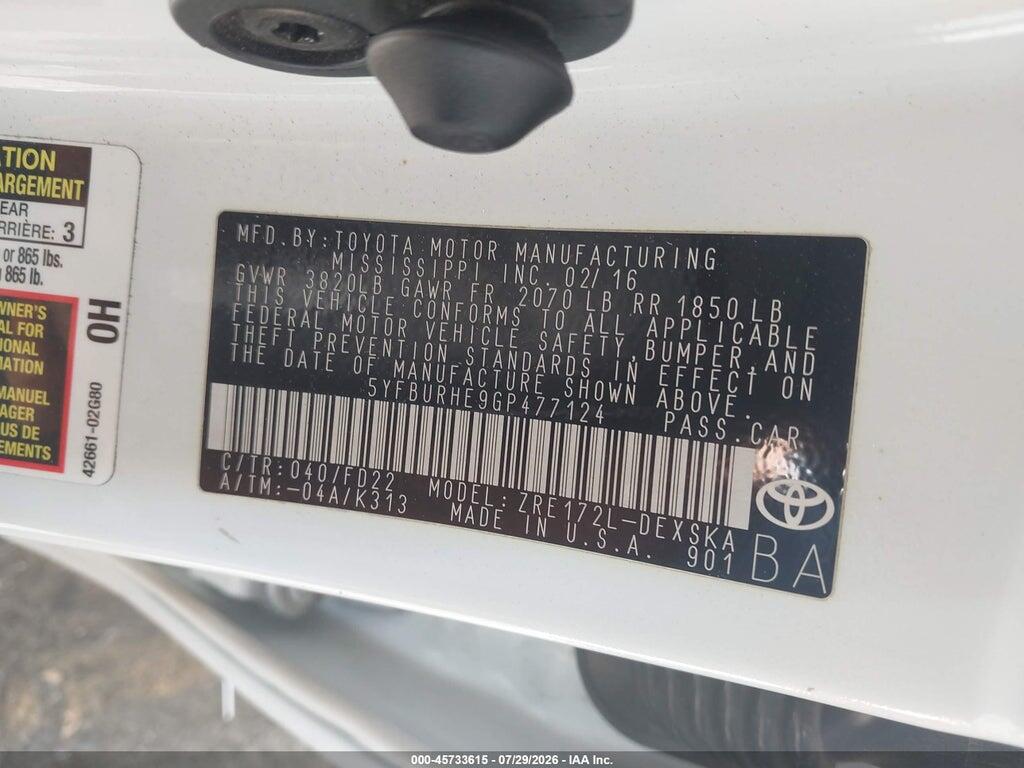 5YFBURHE9GP477124 2016 TOYOTA COROLLA photo no. 9