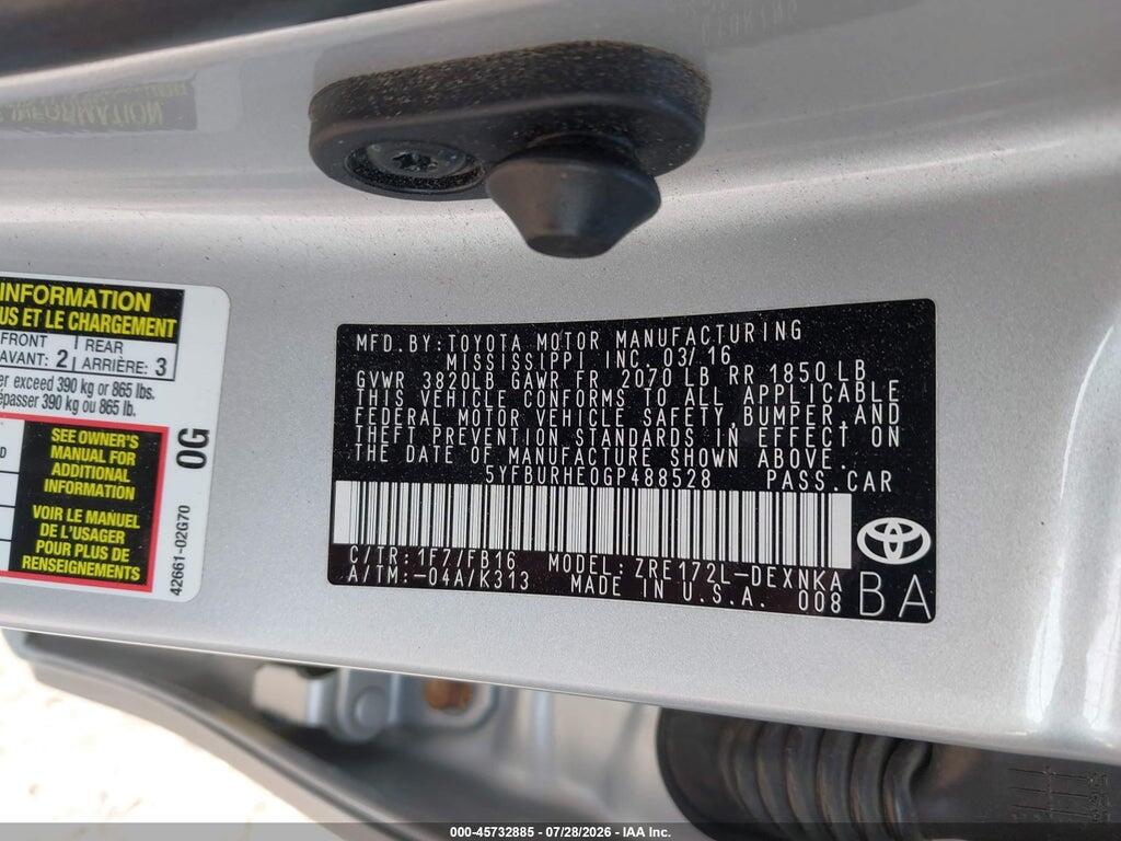 5YFBURHE0GP488528 2016 TOYOTA COROLLA photo no. 9