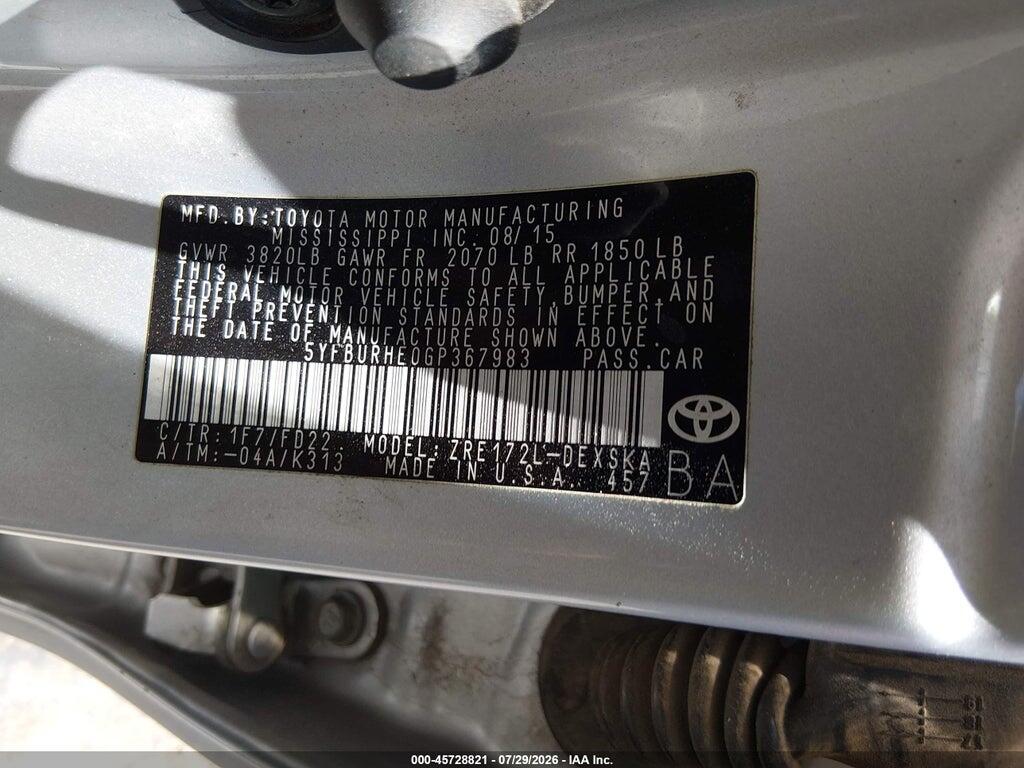 5YFBURHE0GP367983 2016 TOYOTA COROLLA photo no. 9