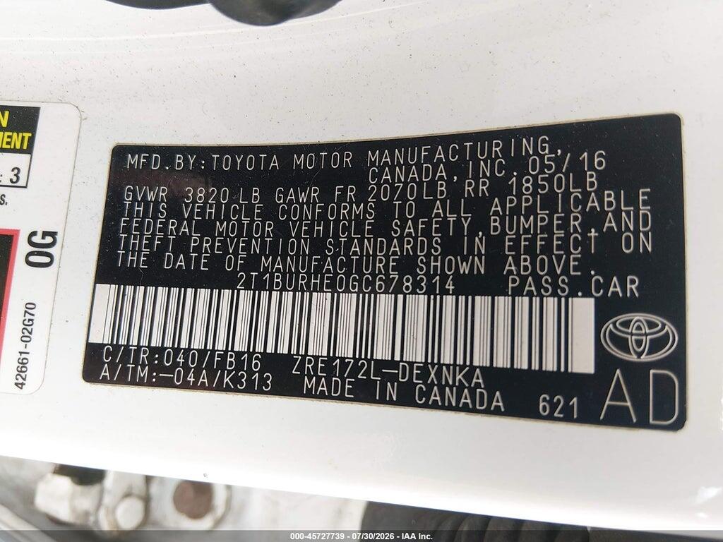 2T1BURHE0GC678314 2016 TOYOTA COROLLA photo no. 9