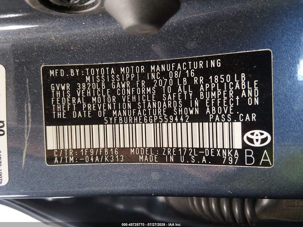 5YFBURHE6GP559442 2016 TOYOTA COROLLA photo no. 9