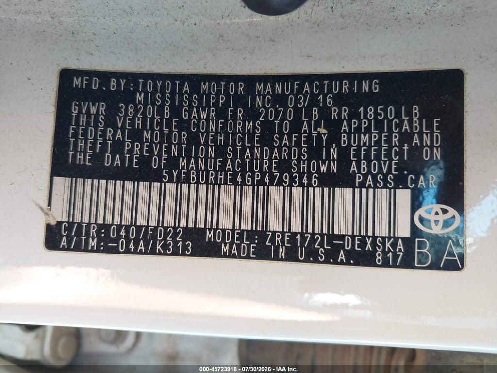 5YFBURHE4GP479346 2016 TOYOTA COROLLA photo no. 9