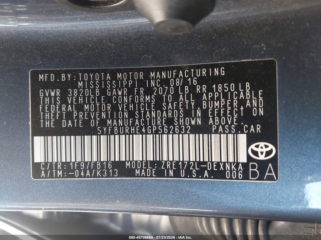 5YFBURHE4GP562632 2016 TOYOTA COROLLA photo no. 9