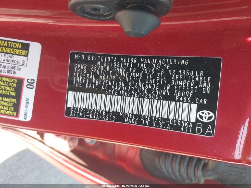 5YFBURHE2GP486005 2016 TOYOTA COROLLA photo no. 9