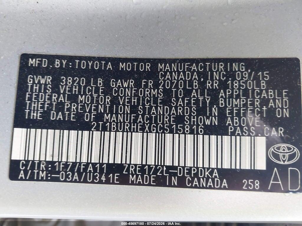 2T1BURHEXGC515816 2016 TOYOTA COROLLA photo no. 9