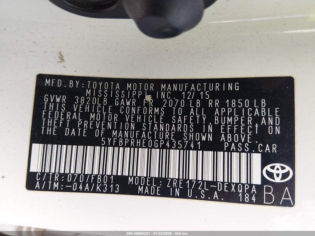 5YFBPRHE0GP435741 2016 TOYOTA COROLLA photo no. 9