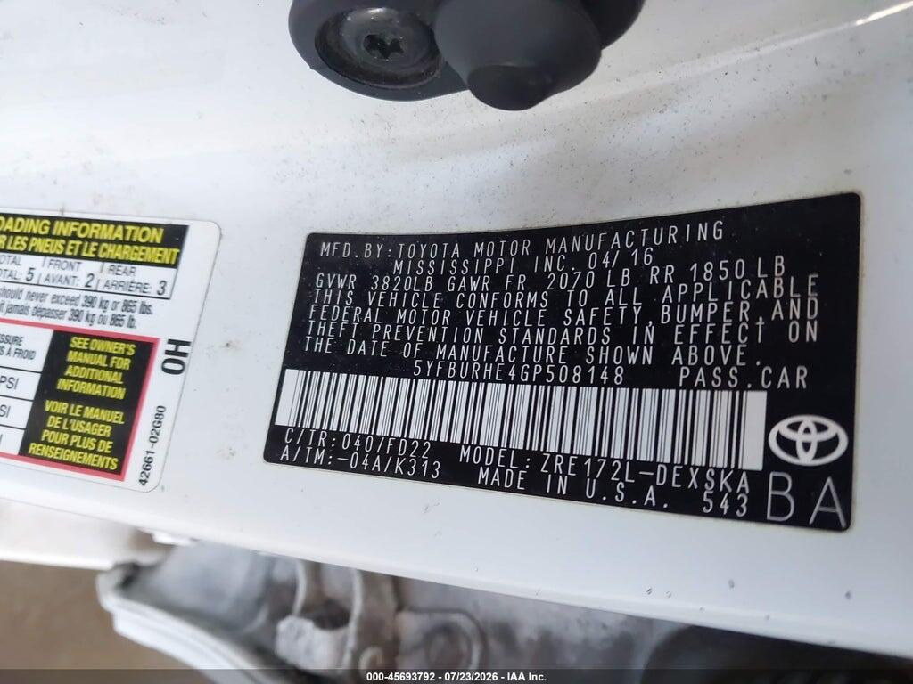 5YFBURHE4GP508148 2016 TOYOTA COROLLA photo no. 9